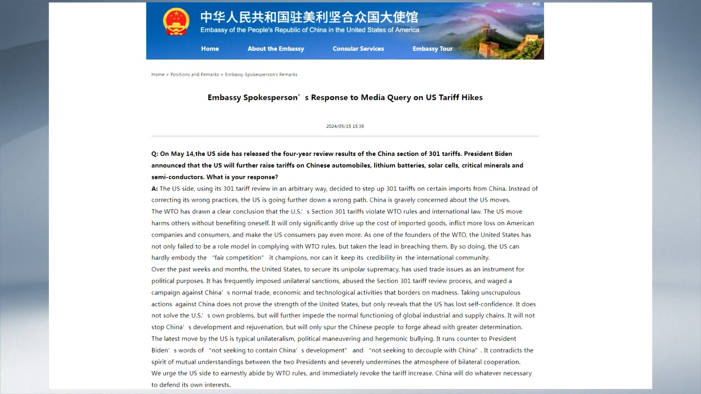 AS mengumumkan pada hari Selasa bahwa mereka akan memberlakukan kenaikan tarif pada berbagai produk energi bersih dari Tiongkok