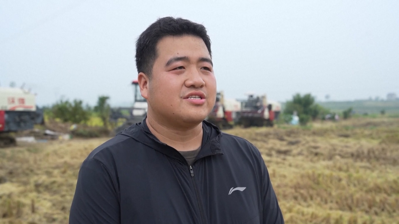 Mesin pemanen besar terlihat hilir mudik memanen padi di sebuah sawah di Kota Tianchang