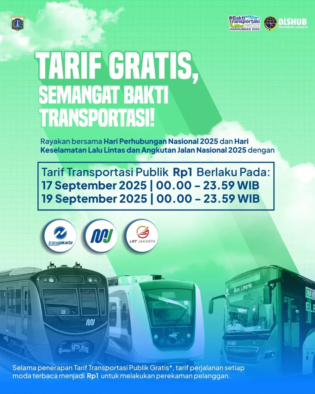 17 Dan 19 September, Tarif MRT hingga Transjakarta Cuma Rp1