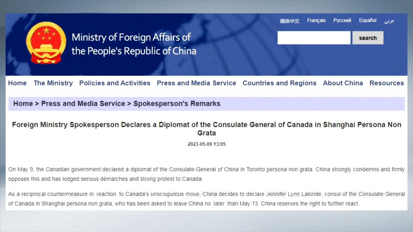 Seorang Juru Bicara Kementerian Luar Negeri Tiongkok pada hari Selasa (9/5) menyatakan seorang diplomat dari Konsulat Jenderal Kanada di Shanghai sebagai persona non grata