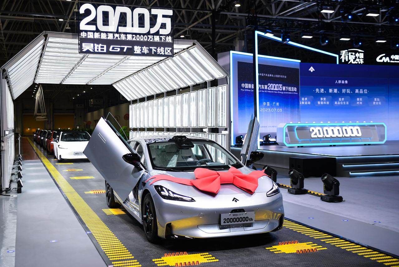 Kendaraan energi baru (new energy vehicle/NEV) ke-20 juta di Tiongkok diluncurkan dari lini produksi pada 3 Juli di pabrik GAC Aion di Guangzhou