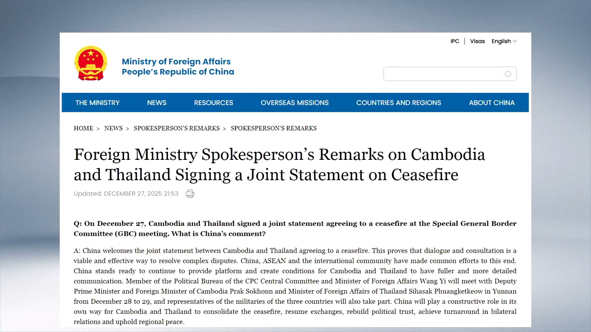 Tiongkok Menyambut Baik Gencatan Senjata Kamboja-Thailand; Wang Yi akan Bertemu dengan Para Pemimpin Kamboja dan Thailand