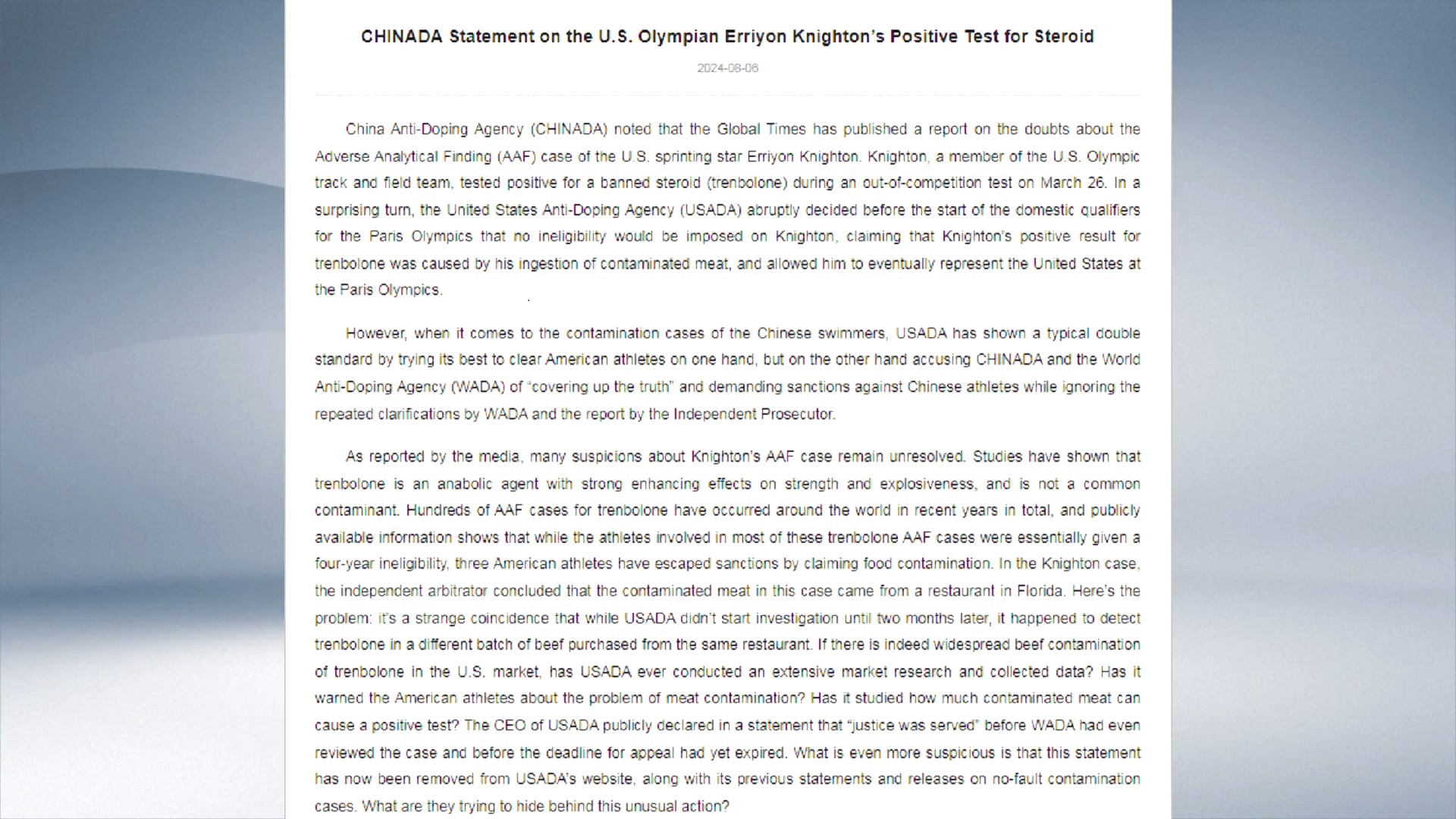 Badan Anti-Doping Tiongkok (CHINADA) pada hari Selasa menyatakan keprihatinan atas dugaan inkonsistensi dalam penanganan kasus doping