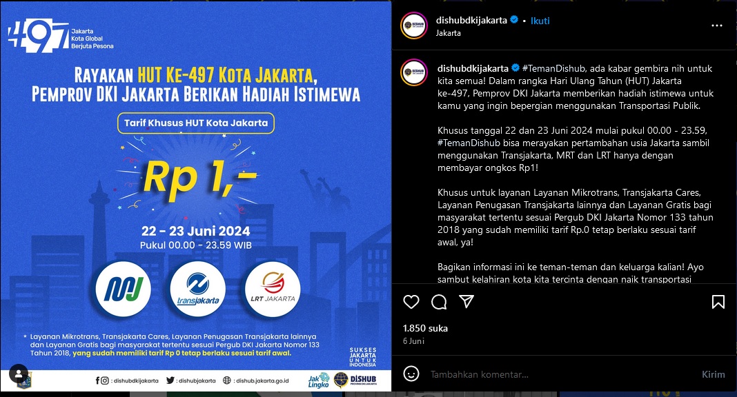 Pemprov DKI Jakarta menyebut pihaknya memberikan hadiah istimewa untuk masyarakat yang ingin bepergian menggunakan transportasi publik di hari ulang tahun Jakarta